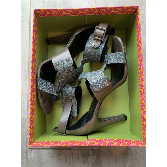 $375 TORY BURCH Teagan High Heel Gladiator Sandals Vegan Leather EUC Designer 9 - Picture 3 of 11